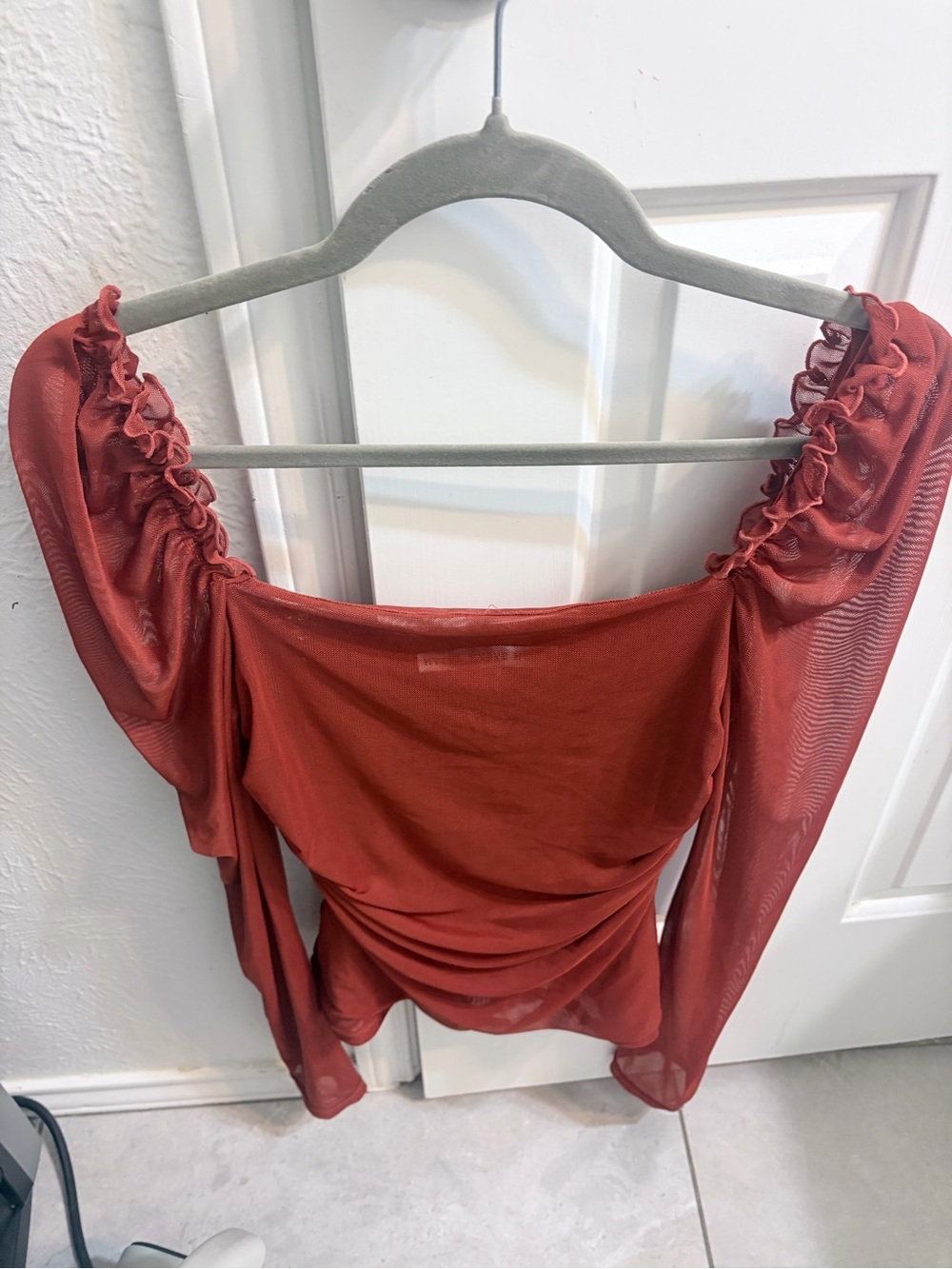 HYFVE Rust Off-Shoulder Sheer Ruched Crop Top